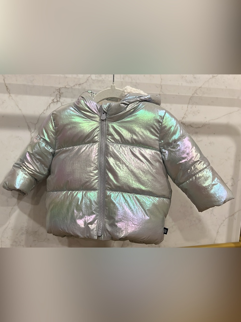 GAP Girls Iridescent Silver Puffer Jacket with Hood
